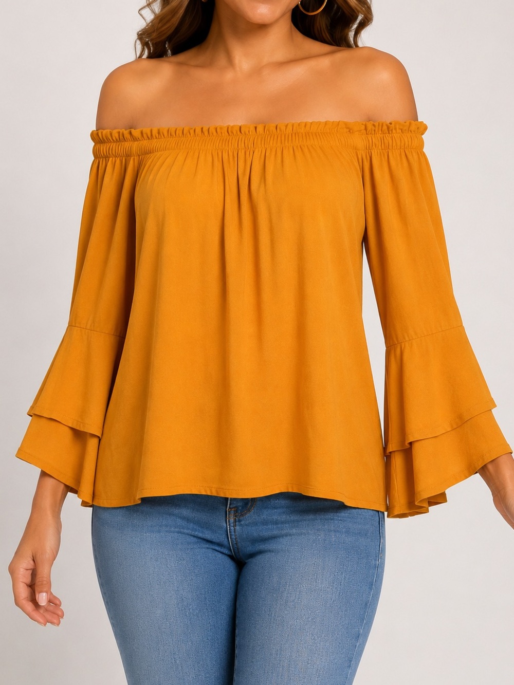 LASCANA for VENUS Off Shoulder Bell Sleeve Boho Blouse Mustard Yellow S Top